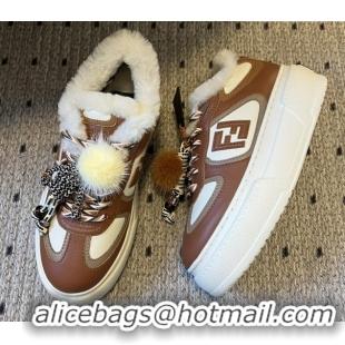Grade Quality Fendi Match Low Top Platform Shoes in White Leather & Shearling with Charm Brown 5122912 2026
