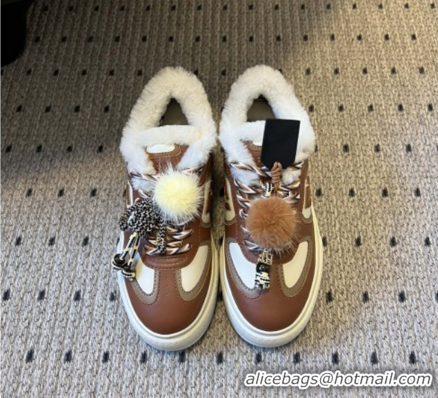 Grade Quality Fendi Match Low Top Platform Shoes in White Leather & Shearling with Charm Brown 5122912 2026
