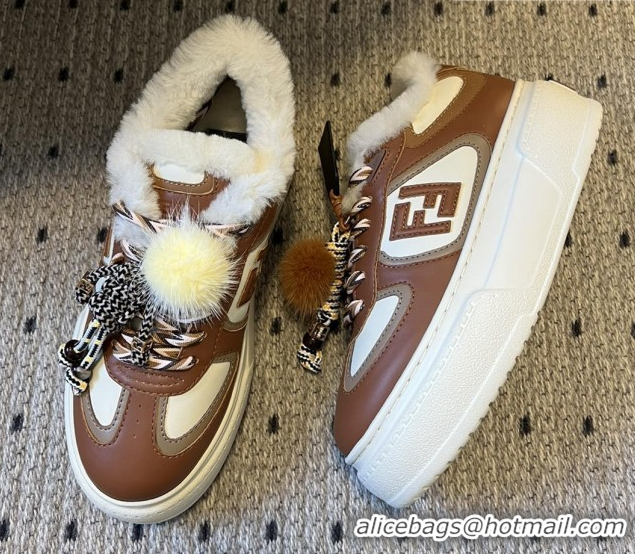 Grade Quality Fendi Match Low Top Platform Shoes in White Leather & Shearling with Charm Brown 5122912 2026