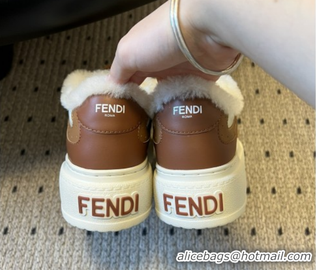 Grade Quality Fendi Match Low Top Platform Shoes in White Leather & Shearling with Charm Brown 5122912 2026