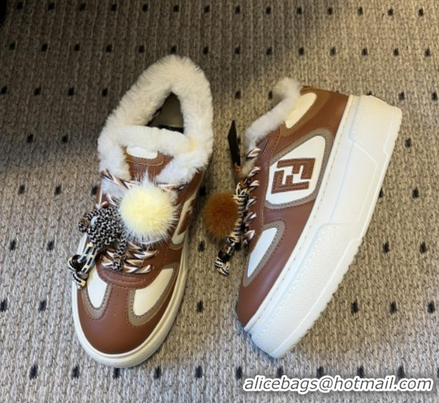 Grade Quality Fendi Match Low Top Platform Shoes in White Leather & Shearling with Charm Brown 5122912 2026