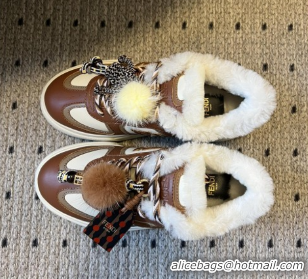 Grade Quality Fendi Match Low Top Platform Shoes in White Leather & Shearling with Charm Brown 5122912 2026