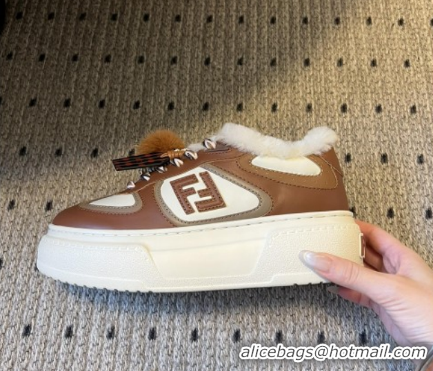 Grade Quality Fendi Match Low Top Platform Shoes in White Leather & Shearling with Charm Brown 5122912 2026