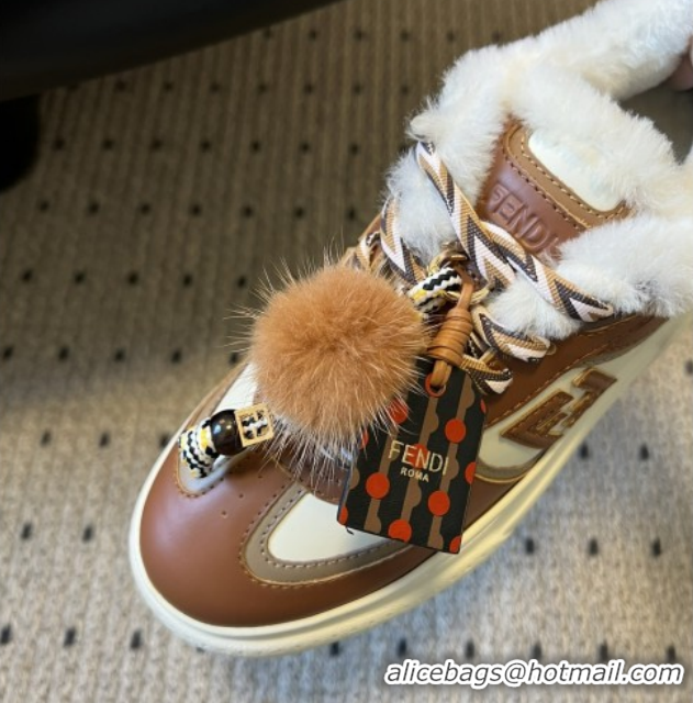 Grade Quality Fendi Match Low Top Platform Shoes in White Leather & Shearling with Charm Brown 5122912 2026