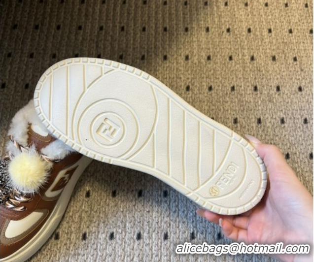 Grade Quality Fendi Match Low Top Platform Shoes in White Leather & Shearling with Charm Brown 5122912 2026