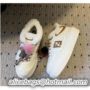 Best Grade Fendi Match Low Top Platform Shoes in White Leather & Shearling with Charm White/Brown 5122913 2026