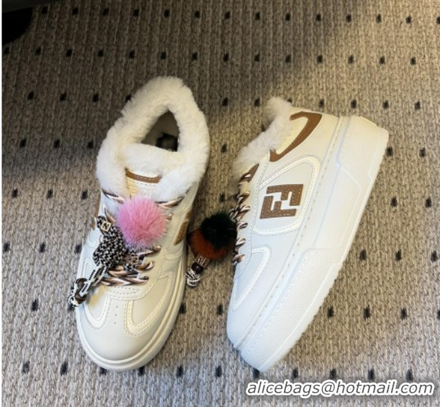 Best Grade Fendi Match Low Top Platform Shoes in White Leather & Shearling with Charm White/Brown 5122913 2026