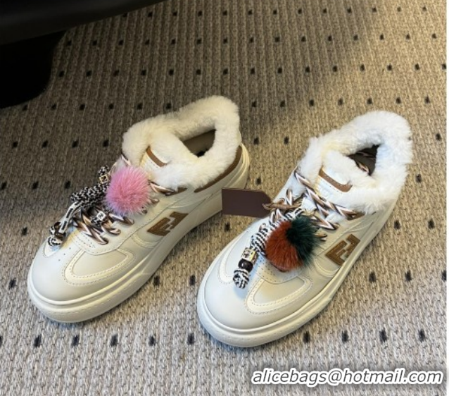 Best Grade Fendi Match Low Top Platform Shoes in White Leather & Shearling with Charm White/Brown 5122913 2026