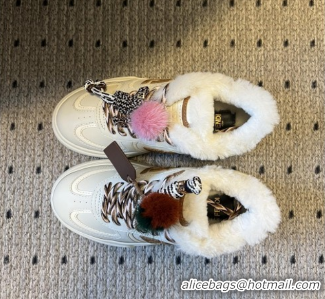 Best Grade Fendi Match Low Top Platform Shoes in White Leather & Shearling with Charm White/Brown 5122913 2026