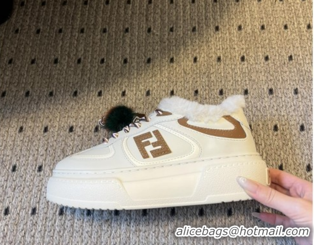 Best Grade Fendi Match Low Top Platform Shoes in White Leather & Shearling with Charm White/Brown 5122913 2026