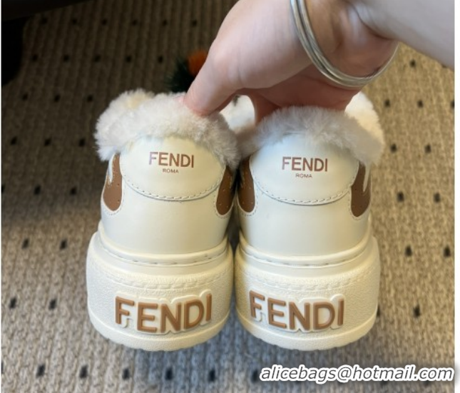 Best Grade Fendi Match Low Top Platform Shoes in White Leather & Shearling with Charm White/Brown 5122913 2026