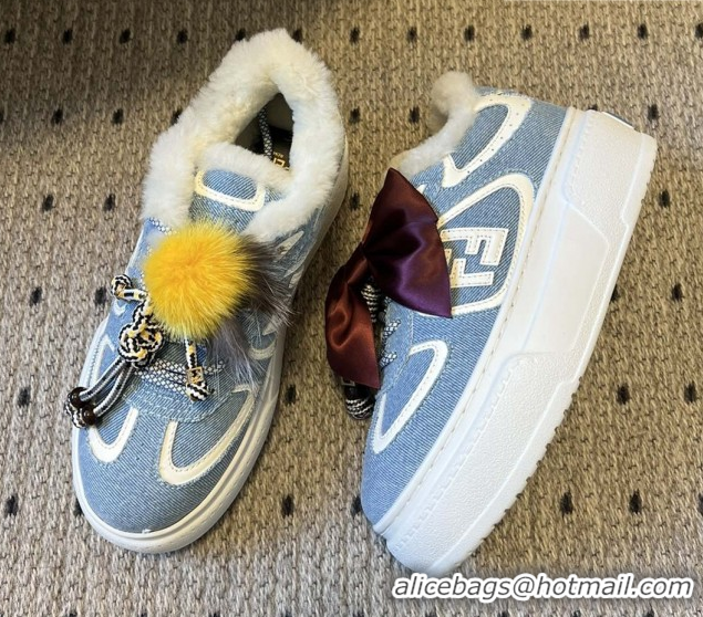 Cheapest Fendi Match Low Top Platform Shoes in Denim & Shearling with Charm Blue 5122914 2026