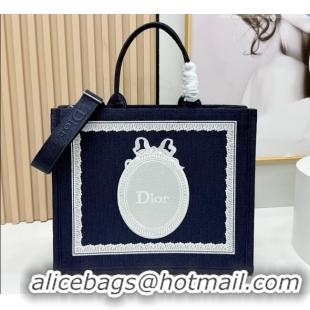 Good Product Dior Large Dior Book Tote with Strap in D2206 Blue Dior Oblique Embroidery with White Lace 2026