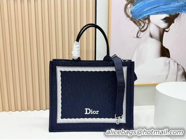 Good Product Dior Large Dior Book Tote with Strap in D2206 Blue Dior Oblique Embroidery with White Lace 2026