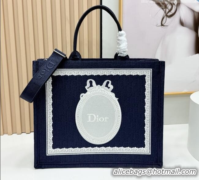 Good Product Dior Large Dior Book Tote with Strap in D2206 Blue Dior Oblique Embroidery with White Lace 2026