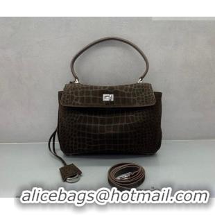 Classic Discount Balenciaga Rodeo Small Handbag in Crocodile Embossed Suede 78972 Dark Coffee 2026