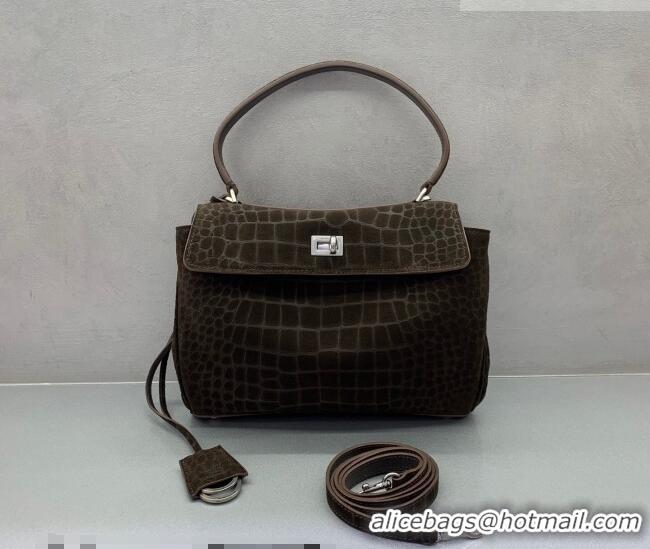 Classic Discount Balenciaga Rodeo Small Handbag in Crocodile Embossed Suede 78972 Dark Coffee 2026