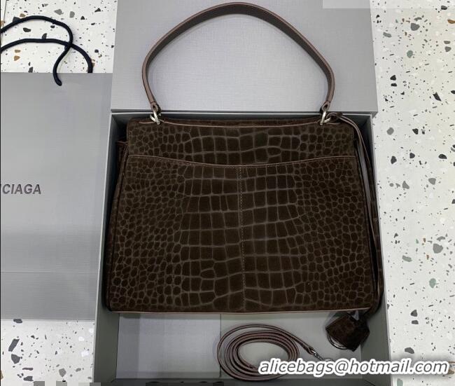 Good Product Balenciaga Rodeo Medium Handbag in Crocodile Embossed Suede 78972 Dark Coffee 2026