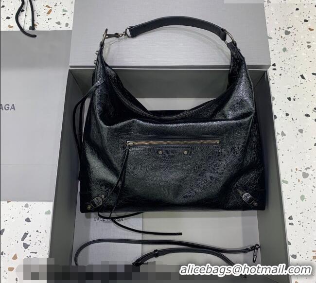 Top Grade Balenciaga Le City Hobo Bag Medium in 22003 black Arena lambskin And brass hardware 2026