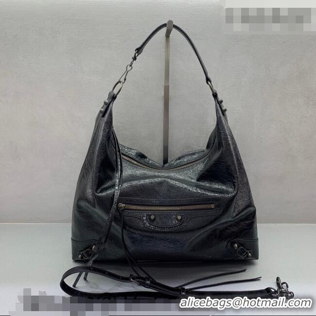 Top Grade Balenciaga Le City Hobo Bag Medium in 22003 black Arena lambskin And brass hardware 2026