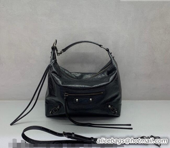 Top Grade Balenciaga Le City Hobo Bag Small in 22003 black Arena lambskin, brass hardware 2026