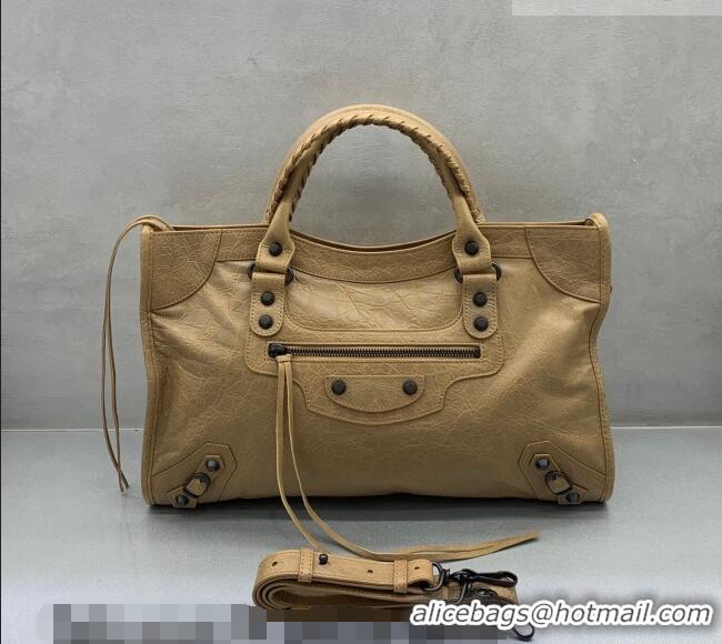 Top Design Balenciaga Le City Hobo Bag Medium in 22010 khaki yellow Arena lambskin, brass hardware 2026
