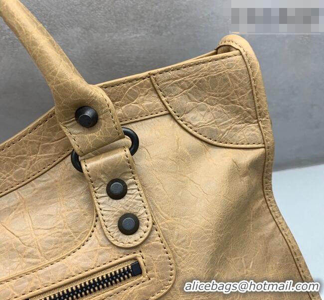 Top Design Balenciaga Le City Hobo Bag Medium in 22010 khaki yellow Arena lambskin, brass hardware 2026