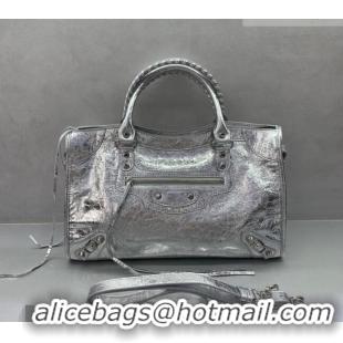 Super Quality Balenciaga Le City Medium Bag in 22006 silver metallized Arena lambskin, shiny silver hardware 2026
