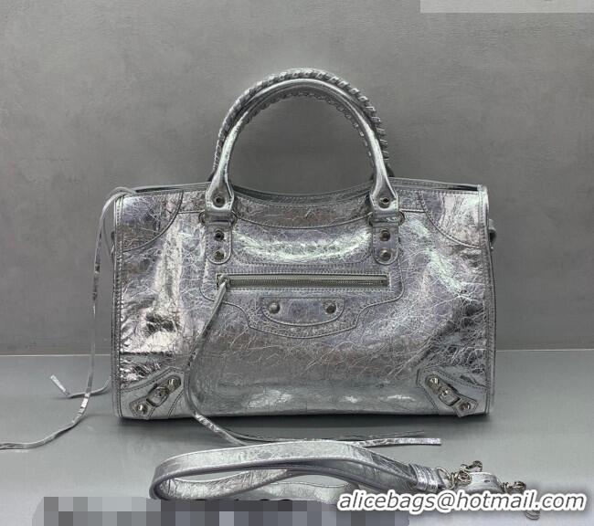 Super Quality Balenciaga Le City Medium Bag in 22006 silver metallized Arena lambskin, shiny silver hardware 2026