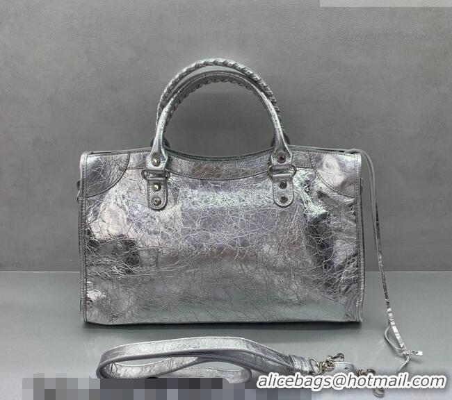 Super Quality Balenciaga Le City Medium Bag in 22006 silver metallized Arena lambskin, shiny silver hardware 2026