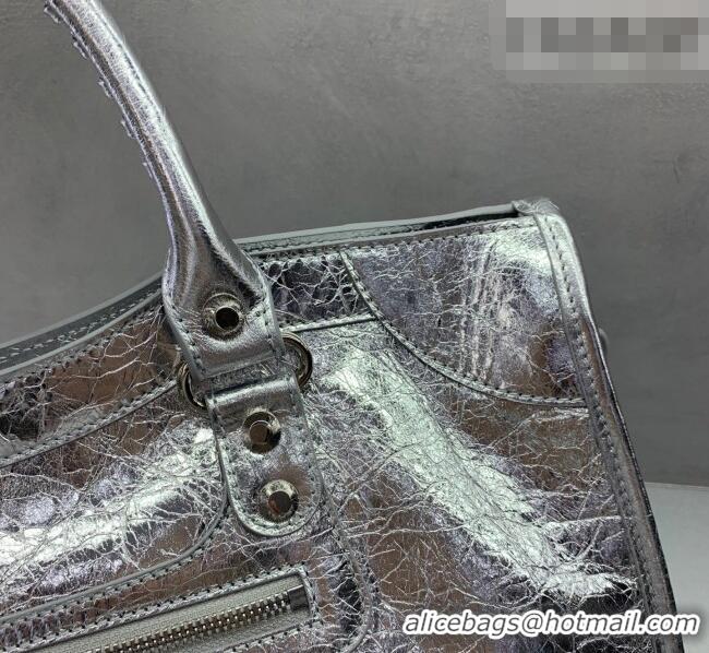Super Quality Balenciaga Le City Medium Bag in 22006 silver metallized Arena lambskin, shiny silver hardware 2026