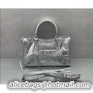 Big Discount Balenciaga Le City Small Bag in 22007 silver metallized Arena lambskin, shiny silver hardware 2026