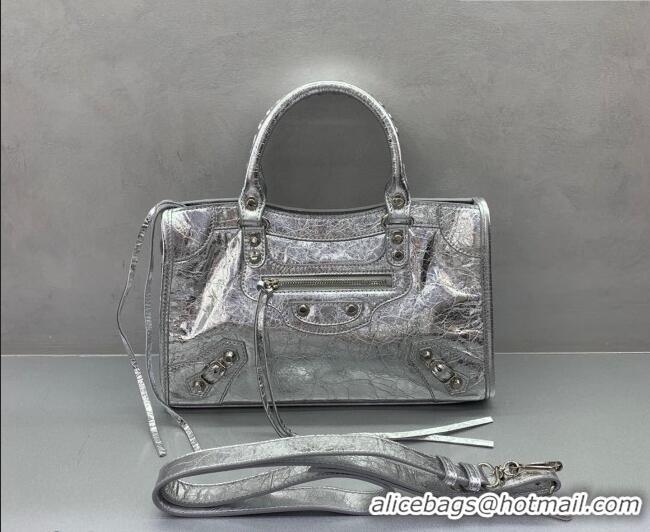Big Discount Balenciaga Le City Small Bag in 22007 silver metallized Arena lambskin, shiny silver hardware 2026