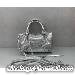 Top Grade Balenciaga Le City Mini Bag in 22008 silver metallized Arena lambskin, shiny silver hardware 2026