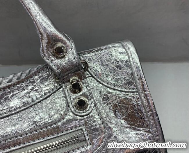 Top Grade Balenciaga Le City Mini Bag in 22008 silver metallized Arena lambskin, shiny silver hardware 2026