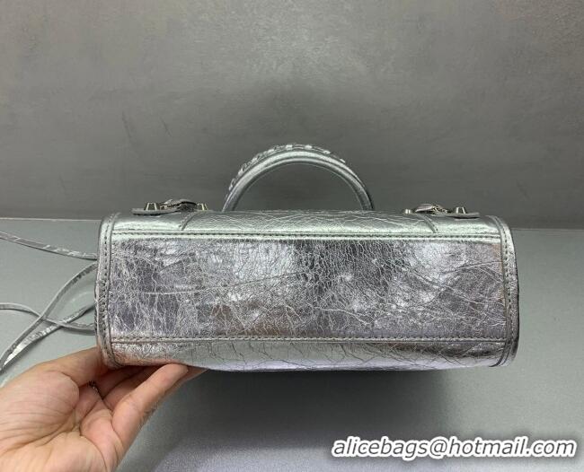 Top Grade Balenciaga Le City Mini Bag in 22008 silver metallized Arena lambskin, shiny silver hardware 2026