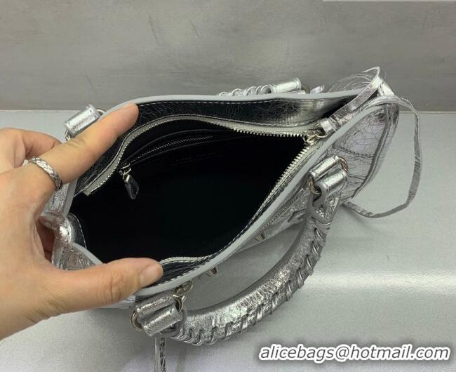 Top Grade Balenciaga Le City Mini Bag in 22008 silver metallized Arena lambskin, shiny silver hardware 2026