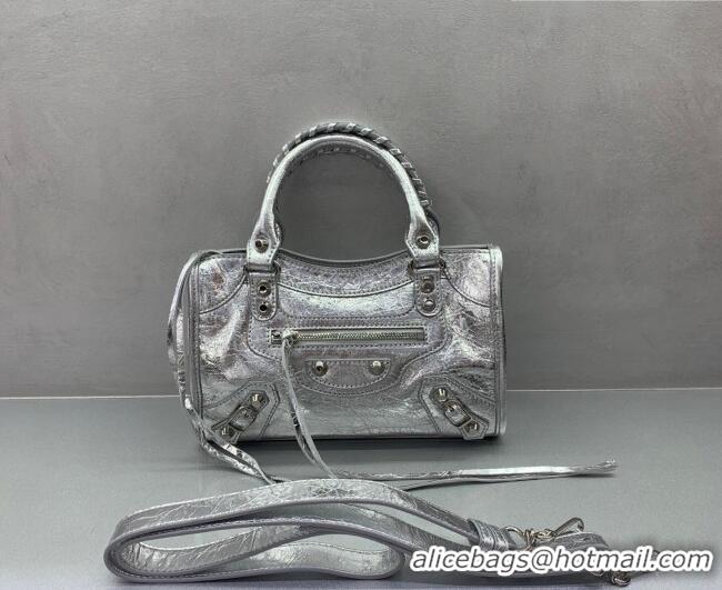 Top Grade Balenciaga Le City Mini Bag in 22008 silver metallized Arena lambskin, shiny silver hardware 2026
