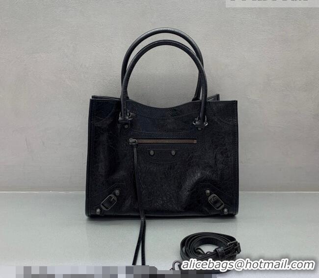 Luxury Discount Balenciaga Le City Tote Bag Small in Arena Storico Lambskin 0122 Black 2026