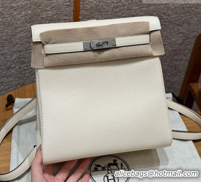 Luxury Cheap Hermes Kelly Ado Backpack 22cm in Togo Leather H2101 Cream White/Silver 2026(Half Handmade)