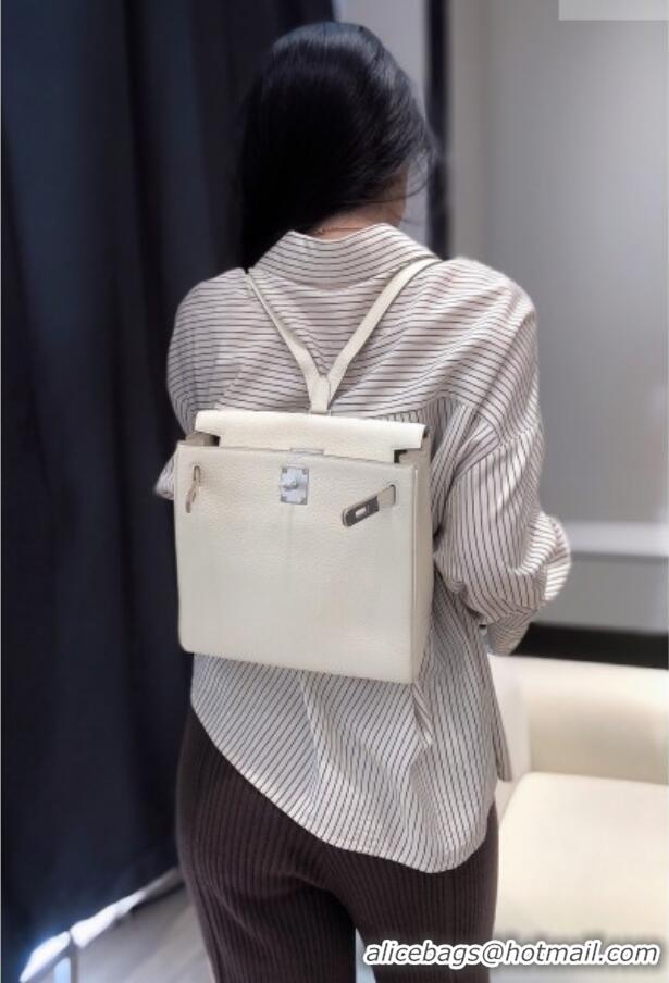 Luxury Cheap Hermes Kelly Ado Backpack 22cm in Togo Leather H2101 Cream White/Silver 2026(Half Handmade)