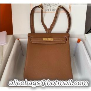 Top Grade Hermes Kelly Ado Backpack 22cm in Togo Leather H2101 Brown/Gold 2026 (Half Handmade)