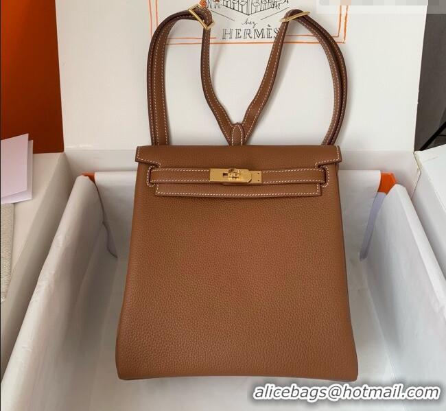 Top Grade Hermes Kelly Ado Backpack 22cm in Togo Leather H2101 Brown/Gold 2026 (Half Handmade)
