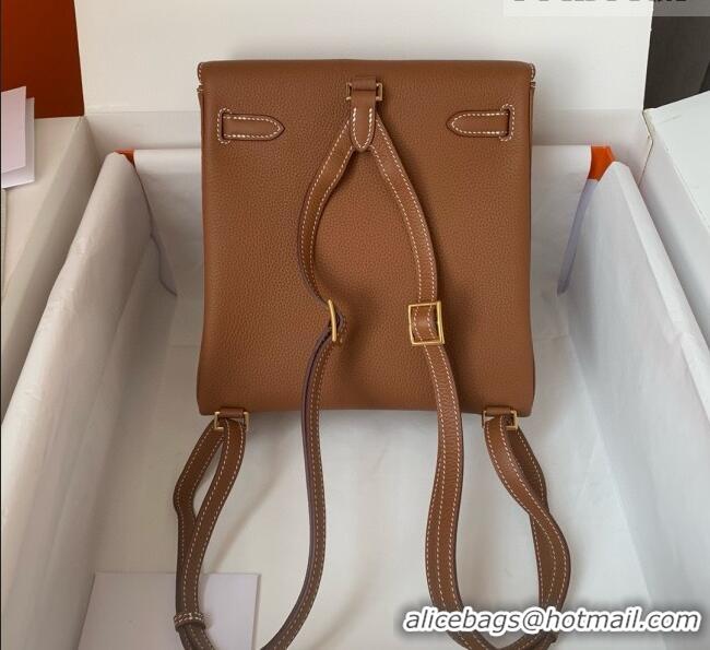 Top Grade Hermes Kelly Ado Backpack 22cm in Togo Leather H2101 Brown/Gold 2026 (Half Handmade)