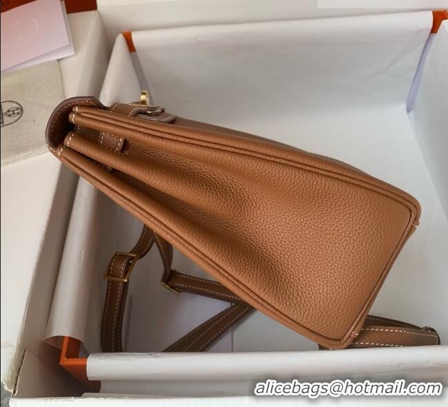 Top Grade Hermes Kelly Ado Backpack 22cm in Togo Leather H2101 Brown/Gold 2026 (Half Handmade)