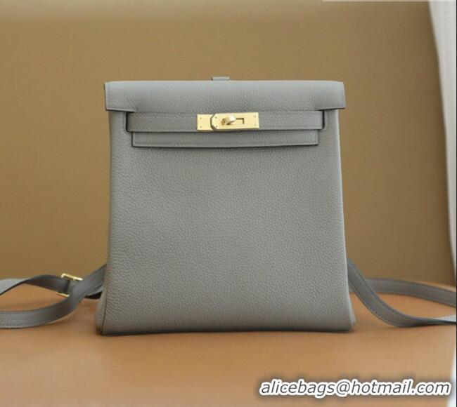 Trendy Design Hermes Kelly Ado Backpack 22cm in Taurillon Clemence Leather H2111 Gris Asphalte Grey/Gold 2026 (Full Hand