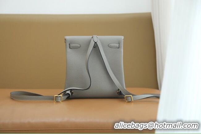Trendy Design Hermes Kelly Ado Backpack 22cm in Taurillon Clemence Leather H2111 Gris Asphalte Grey/Gold 2026 (Full Hand