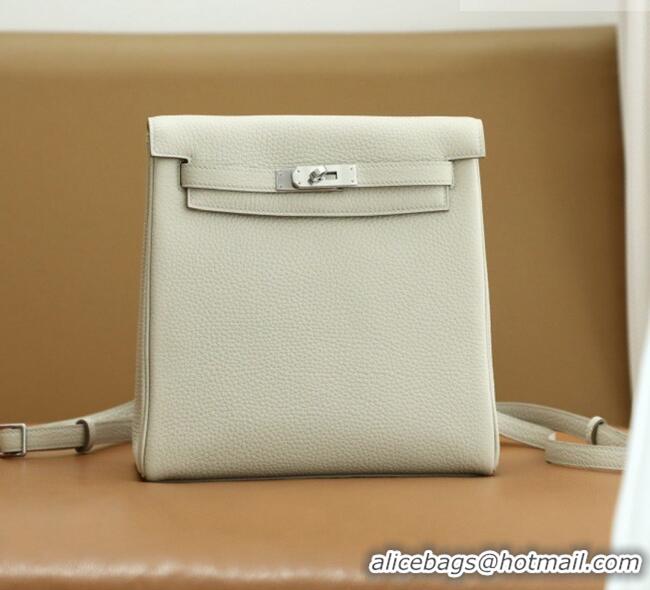 Pretty Style Hermes Kelly Ado Backpack 22cm in Taurillon Clemence Leather H2111 Beton White/Silver 2026 (Full Handmade)