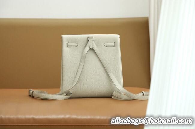 Pretty Style Hermes Kelly Ado Backpack 22cm in Taurillon Clemence Leather H2111 Beton White/Silver 2026 (Full Handmade)