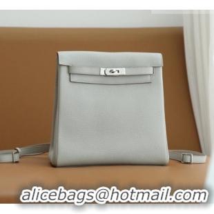 Top Grade Hermes Kelly Ado Backpack 22cm in Taurillon Clemence Leather H2111 Gris Perle/Silver 2026 (Half Handmade)
